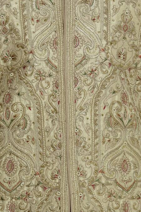 Vanshik_Cream Raw Silk Embroidery Resham Thread Work Sherwani Set _at_Aza_Fashions