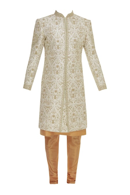 Vanshik_Off White Raw Silk Embroidery Floral Jaal Sherwani Set _Online_at_Aza_Fashions