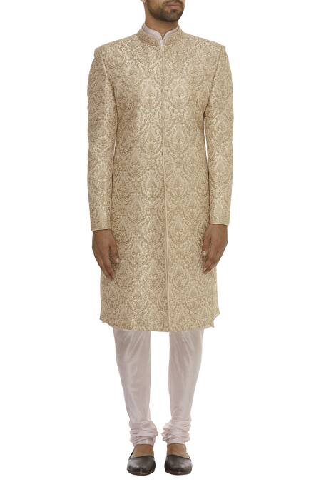 Vanshik_Peach Raw Silk Motif Floral Jaal Embroidered Sherwani Set _Online_at_Aza_Fashions