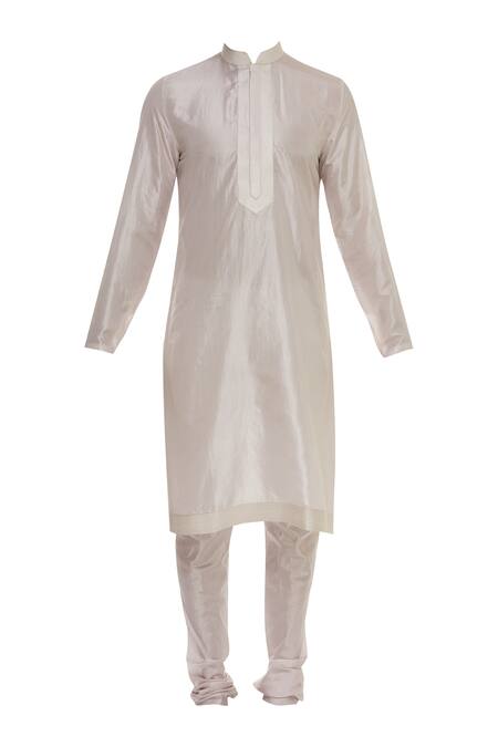 Buy_Vanshik_Peach Raw Silk Motif Floral Jaal Embroidered Sherwani Set _Online_at_Aza_Fashions
