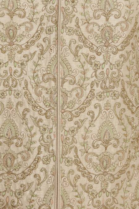 Vanshik_Peach Raw Silk Motif Floral Jaal Embroidered Sherwani Set _at_Aza_Fashions