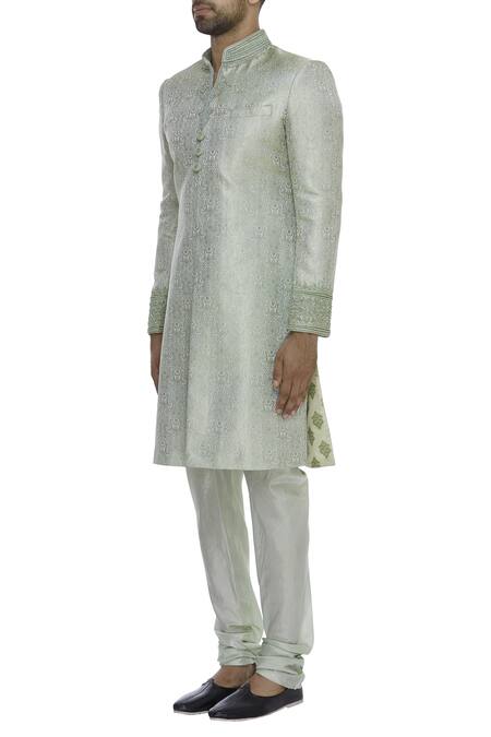 Vanshik_Green Brocade Embroidery Zardozi Embellished Sherwani Set _Online_at_Aza_Fashions