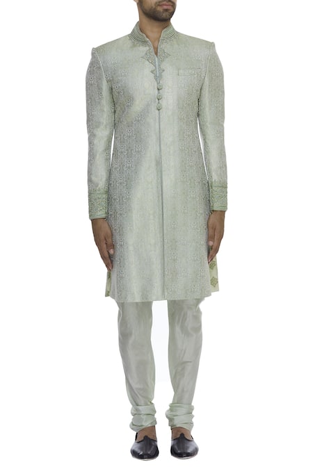 Buy_Vanshik_Green Brocade Embroidery Zardozi Embellished Sherwani Set _Online_at_Aza_Fashions