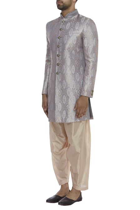 Vanshik_Grey Brocade Embroidery Zardozi Sherwani Set _Online_at_Aza_Fashions