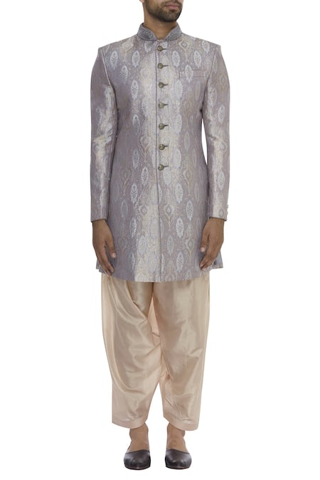 Buy_Vanshik_Grey Brocade Embroidery Zardozi Sherwani Set _Online_at_Aza_Fashions