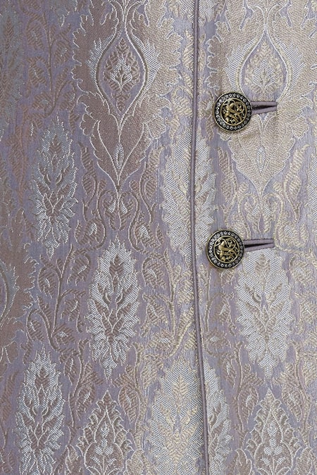 Vanshik_Grey Brocade Embroidery Zardozi Sherwani Set _at_Aza_Fashions