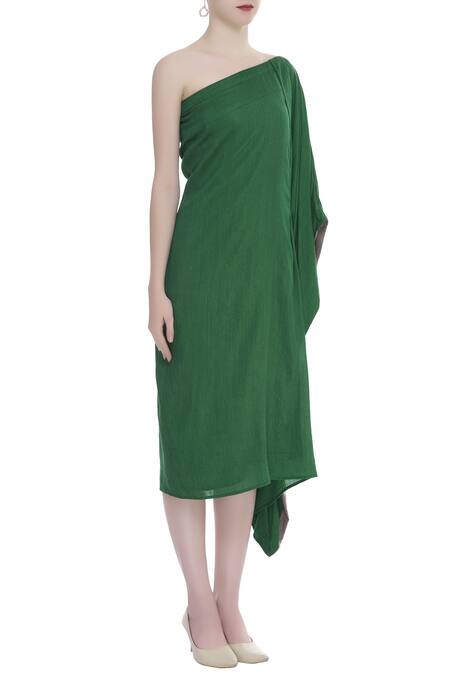 Ezra_Green One Shoulder Draped Dress_Online_at_Aza_Fashions