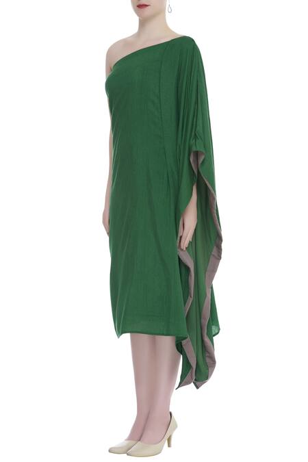 Buy_Ezra_Green One Shoulder Draped Dress_Online_at_Aza_Fashions