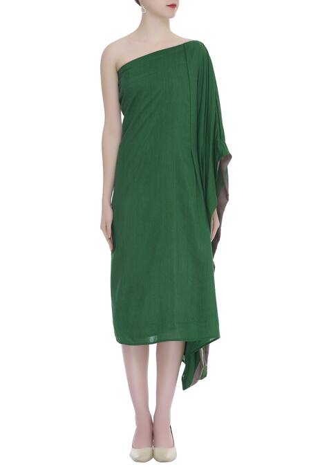Shop_Ezra_Green One Shoulder Draped Dress_Online_at_Aza_Fashions