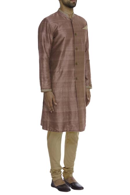 Bubber Couture_Gold Raw , Cotton Embroidered Neck And Sleeve Hem Kurta With Churidar _Online_at_Aza_Fashions