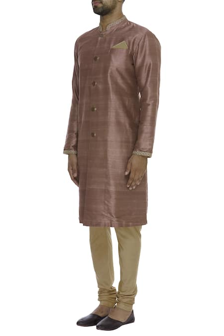 Buy_Bubber Couture_Gold Raw , Cotton Embroidered Neck And Sleeve Hem Kurta With Churidar _Online_at_Aza_Fashions