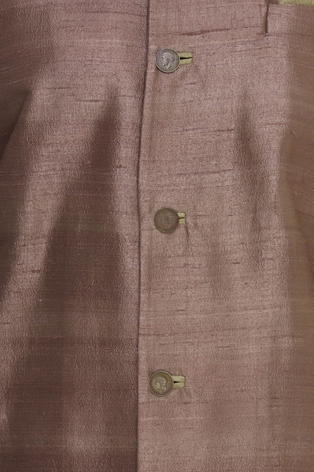 Bubber Couture_Gold Raw , Cotton Embroidered Neck And Sleeve Hem Kurta With Churidar _at_Aza_Fashions