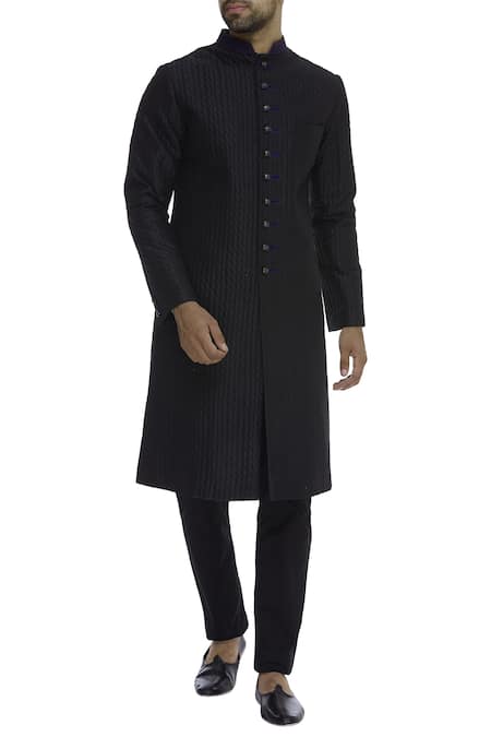 BUBBER COUTURE Black Raw Silk Quilted Button Down Kurta 