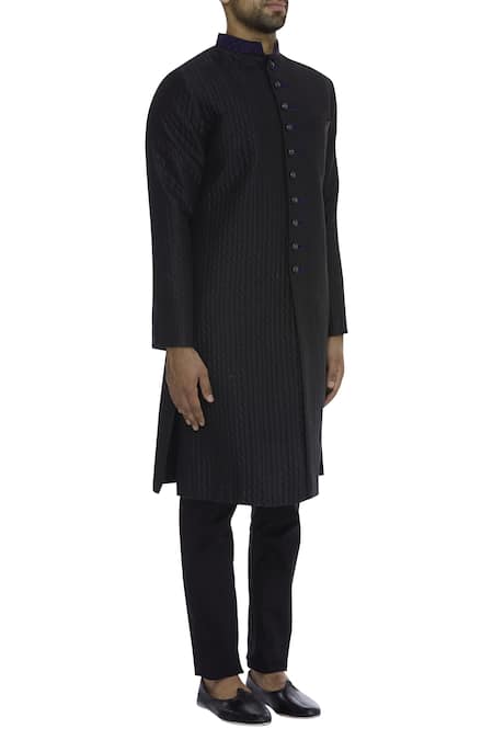 Bubber Couture_Black Raw Silk Quilted Button Down Kurta _Online_at_Aza_Fashions