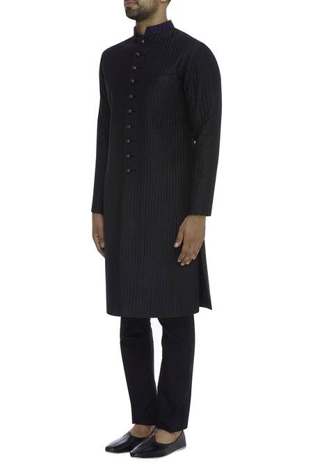 Buy_Bubber Couture_Black Raw Silk Quilted Button Down Kurta _Online_at_Aza_Fashions
