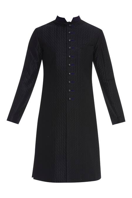 Shop_Bubber Couture_Black Raw Silk Quilted Button Down Kurta _Online_at_Aza_Fashions