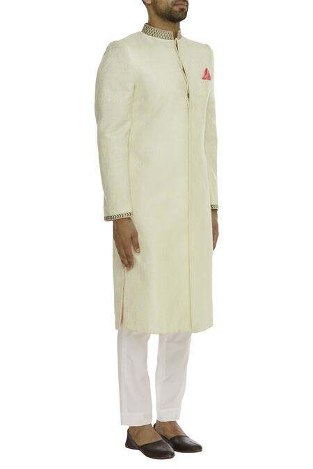 Bubber Couture_Off White Damask Jacquard Cutdana Brocade Embellished Sherwani _Online_at_Aza_Fashions