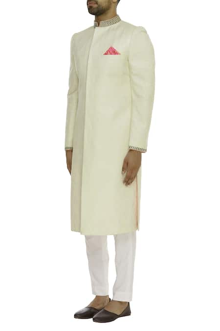 Buy_Bubber Couture_Off White Damask Jacquard Cutdana Brocade Embellished Sherwani _Online_at_Aza_Fashions
