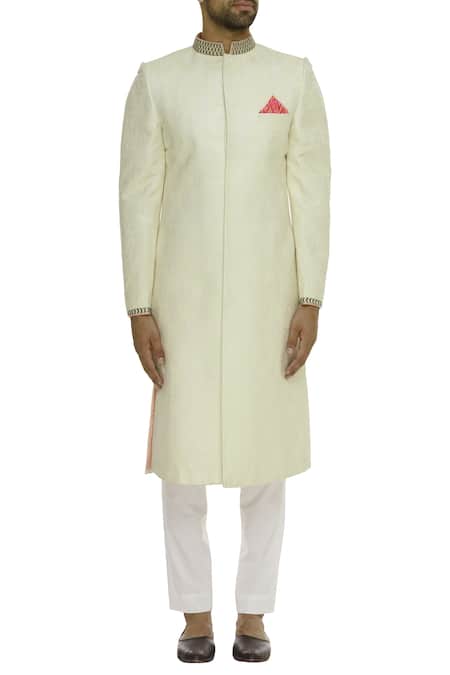 Shop_Bubber Couture_Off White Damask Jacquard Cutdana Brocade Embellished Sherwani _Online_at_Aza_Fashions
