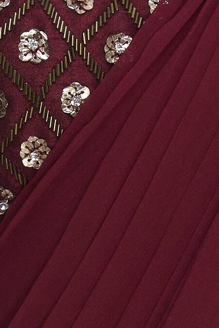 Nidhika Shekhar_Maroon Silk Cutdana Embroidery Pre Draped Lehenga Saree With Blouse _at_Aza_Fashions