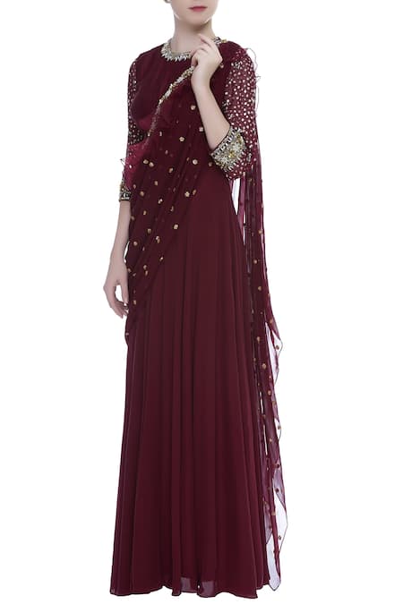Women Maroon Georgette Elevated Gown – Inddus.com