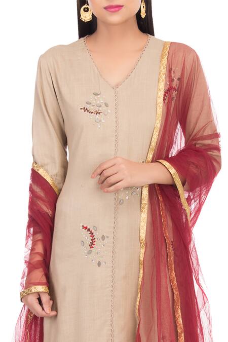Buy_Adara Khan_Beige Thread Embroidered Kurta Churidar Set_Online_at_Aza_Fashions