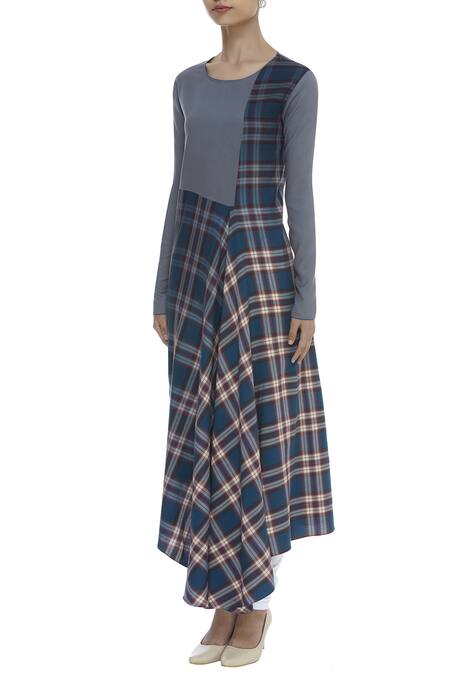 Buy_Abhishek Sharma_Blue Checkered Asymmetric Tunic_Online_at_Aza_Fashions