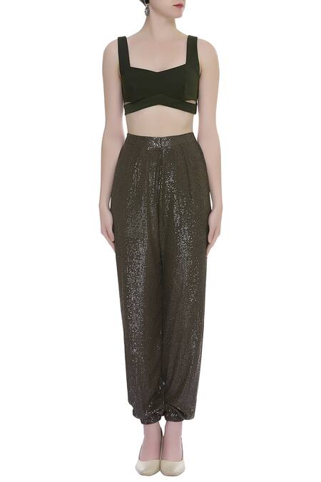 Deme By Gabriella_Green Square Neck Cutout Crop Top _Online_at_Aza_Fashions