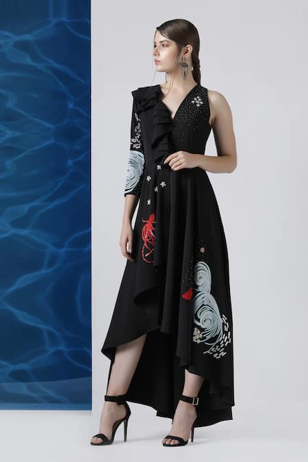 Limerick By Abirr N' Nanki Embroidered Asymmetric Ruffle Dress 