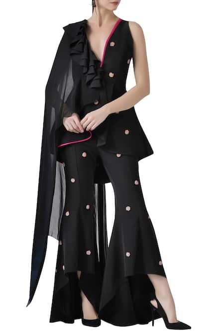 Limerick By Abirr N' Nanki Embroidered one side attached draped peplum top with asymmetric pants 