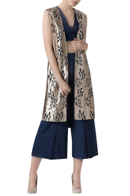 Buy_Limerick By Abirr N' Nanki_Blue Crepe Embroidered Crop Top V-neck, Jacket Open With And Culotte Set _Online_at_Aza_Fashions