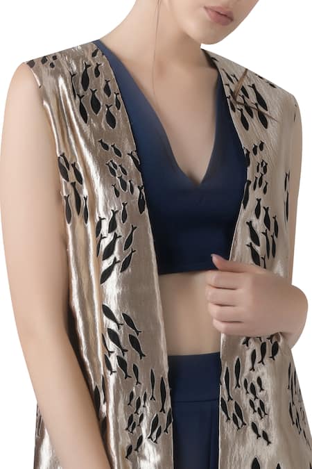 Limerick By Abirr N' Nanki_Blue Crepe Embroidered Crop Top V-neck, Jacket Open With And Culotte Set _Online_at_Aza_Fashions