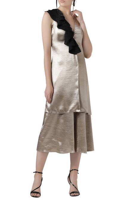 Limerick By Abirr N' Nanki Gold Crepe Shimmer Sleeveless Ruffle Neck Top With Culottes Online at Aza Fashions Limerick By Abirr N' Nanki_Gold Crepe Shimmer Sleeveless Ruffle Neck Top With Culottes _Online_at_Aza_Fashions