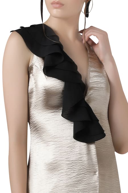 Buy Limerick By Abirr N' Nanki Gold Crepe Shimmer Sleeveless Ruffle Neck Top With Culottes Online at Aza Fashions Buy_Limerick By Abirr N' Nanki_Gold Crepe Shimmer Sleeveless Ruffle Neck Top With Culottes _Online_at_Aza_Fashions