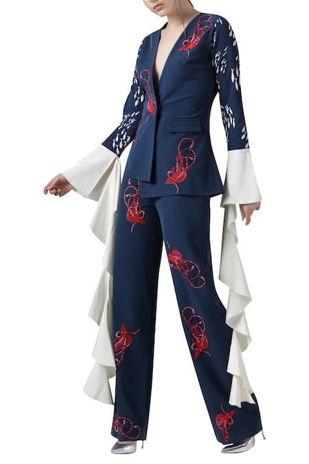 Shop_Limerick By Abirr N' Nanki_Blue Crepe Embroidered V-neck Pant Suit Set With Dramatic Sleeves _Online_at_Aza_Fashions