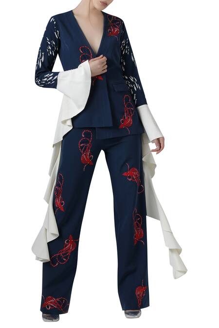 Limerick By Abirr N' Nanki_Blue Crepe Embroidered V-neck Pant Suit Set With Dramatic Sleeves _Online_at_Aza_Fashions