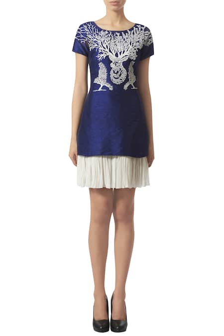 Limerick By Abirr N' Nanki_Blue Raw , Georgette Round Embroidered Dress _Online_at_Aza_Fashions