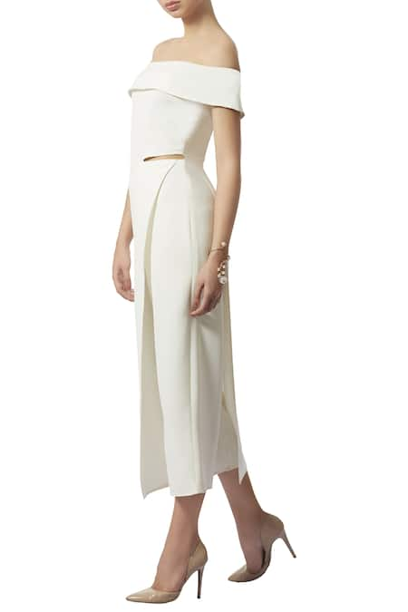 Limerick by Abirr N' Nanki White Barbie Crepe Straight Off Shoulder Draped Jumpsuit 