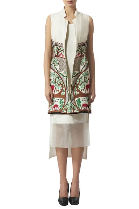 Limerick By Abirr N' Nanki White Crewel And Hand Embroidered Long Jacket Online at Aza Fashions Limerick By Abirr N' Nanki_White Crewel And Hand Embroidered Long Jacket _Online_at_Aza_Fashions