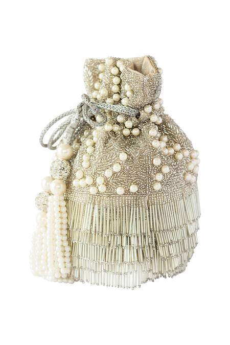 Adora By Ankita_Silver Pearls, Beads, Cut Work Fringed Flapper Potli Bag _Online_at_Aza_Fashions
