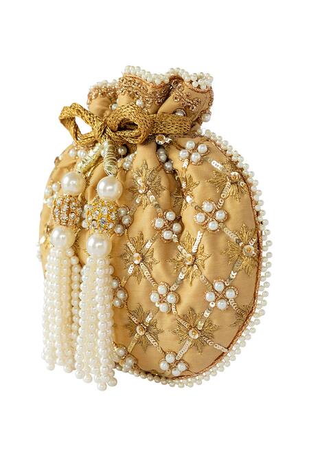 Adora By Ankita_Gold Zari, Sequins Pearl Jaal Embroidered Potli Bag  _Online_at_Aza_Fashions