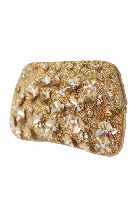 Adora By Ankita_Gold Floral Hand Embroidered Clutch _Online_at_Aza_Fashions