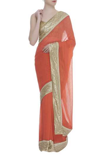 Kommal Sood_Orange Crystal And Sequin Embellished Saree_Online_at_Aza_Fashions
