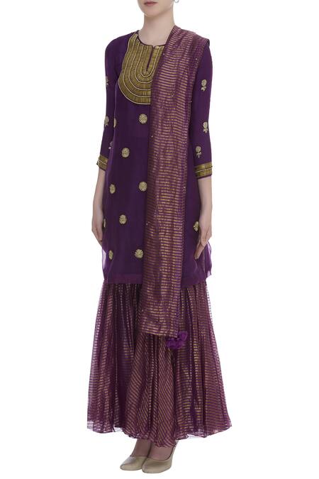 Kunza_Purple Zardozi Hand Embroidered Sharara Kurta Set_Online_at_Aza_Fashions