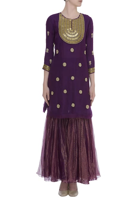 Buy_Kunza_Purple Zardozi Hand Embroidered Sharara Kurta Set_Online_at_Aza_Fashions