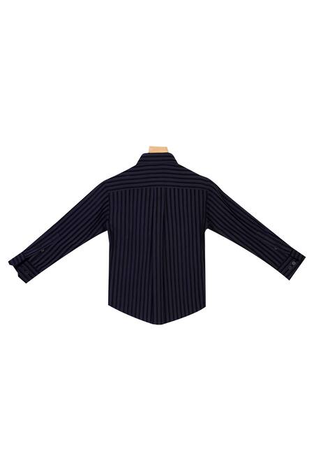 The Blue Morphology_Blue Cotton, Velvet Vertical Stripes Collared Shirt  _Online_at_Aza_Fashions