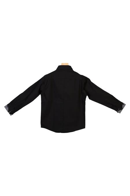 The Blue Morphology_Black Cotton, Satin Printed Overflap Collared Shirt  _Online_at_Aza_Fashions