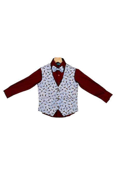 The Blue Morphology Printed Waist Coat With Shirt & Bow 