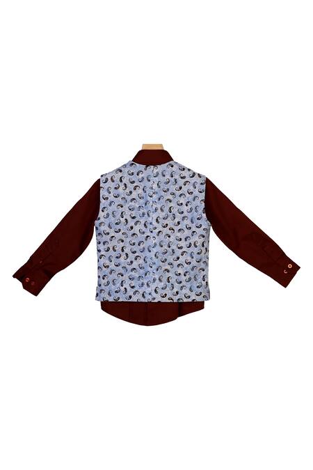 The Blue Morphology_Blue , Satin Bows Printed Waist Coat With Shirt And _Online_at_Aza_Fashions