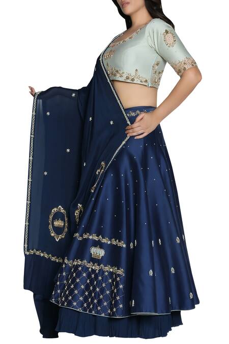 Buy_Nautanky_Blue Hand Embroidered Layered Lehenga Set_Online_at_Aza_Fashions